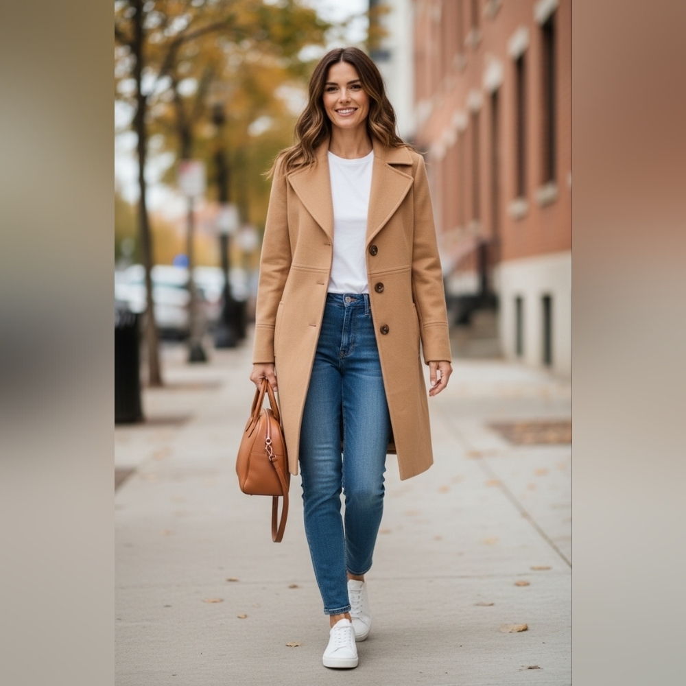 Larry Levine Women's Single Breasted Notch Collar Wool Coat Camel Sz 10 Classic